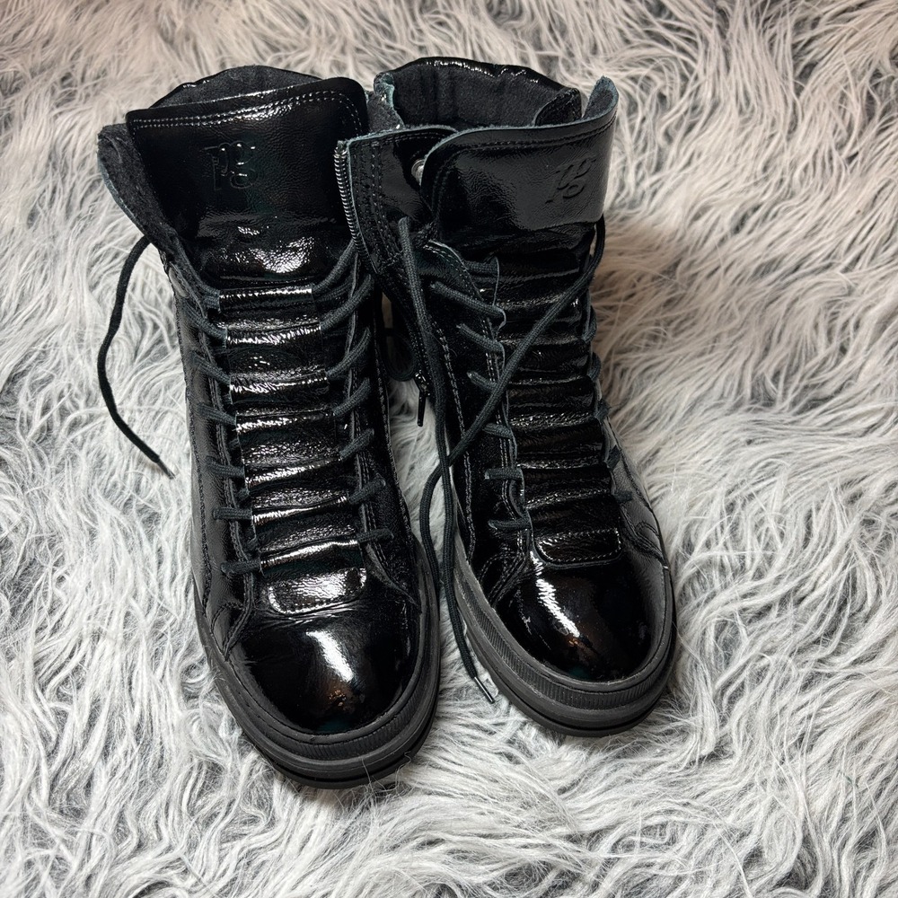 $499 Paul Green Combat Boot Black Patent Leather Merino Wool Austria Shoes 9.5US - Picture 2 of 11